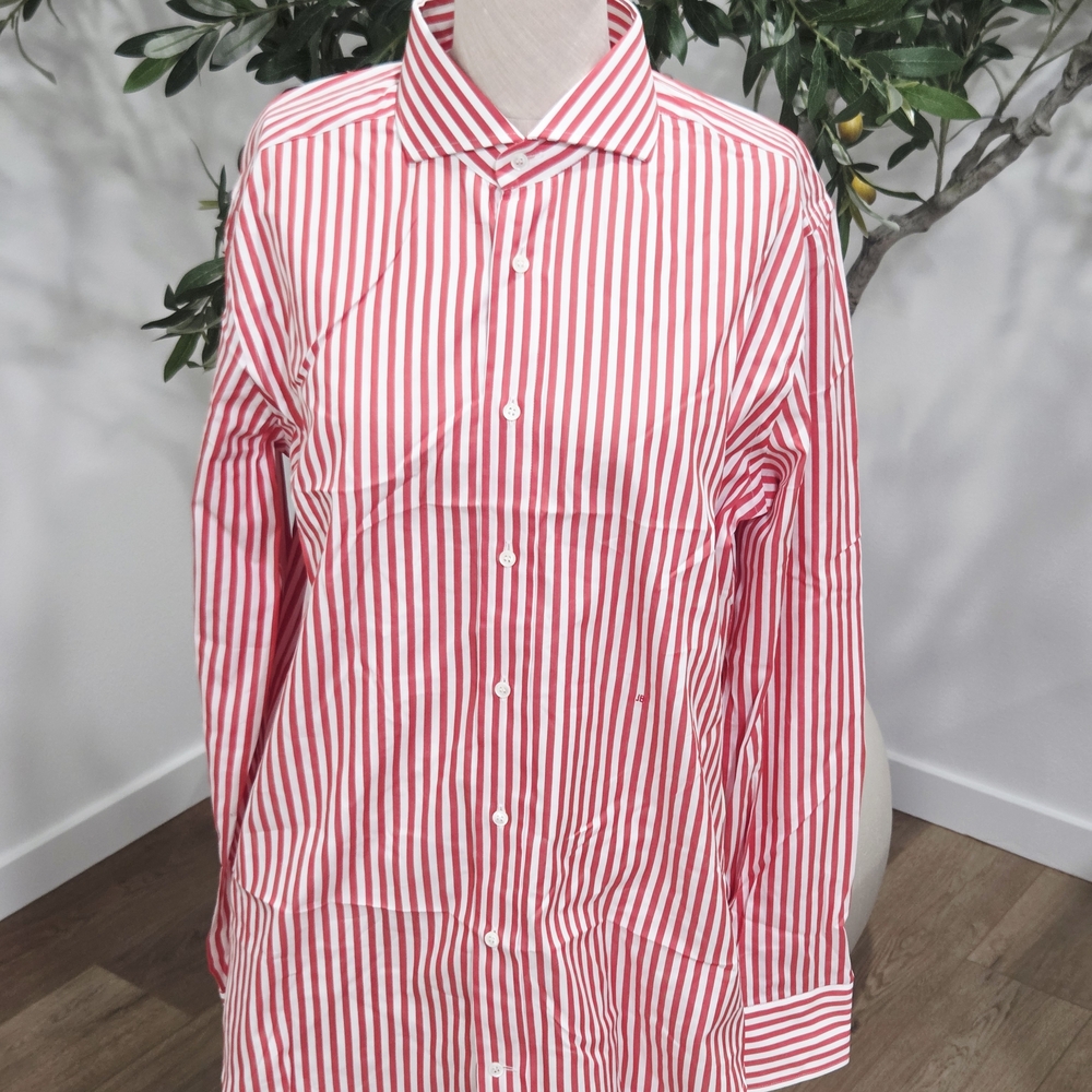 Women's Red and White Striped Button Down Shirt